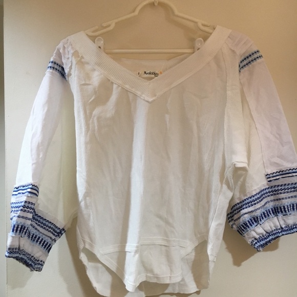 available Tops - White and Blue “Available” Peasant Top